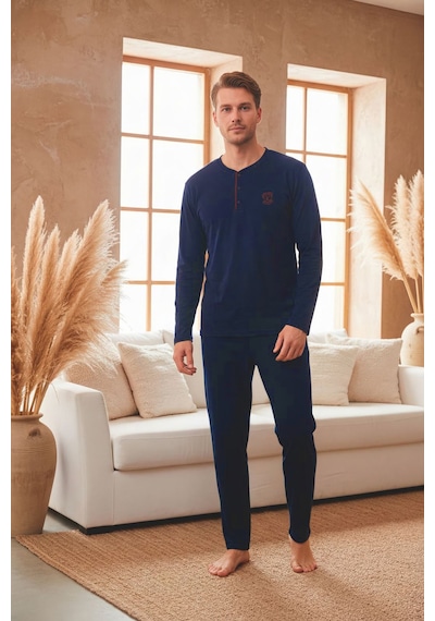 Kompedan Erkek Uzun Kollu 4 Mevsim Penye Süprem Önü Patlı Pijama Takımı Lacivert 802 Lacivert