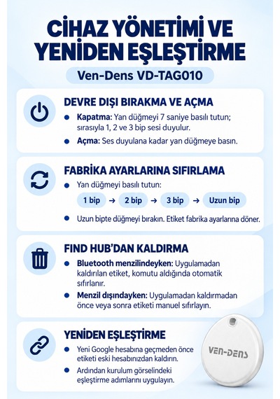 Ven-dens Vd-tag010 Bluetooth Eşya Takip Cihazı, Find Hub Ve Android Uyumlu, Anahtar, Beyaz