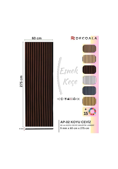 Akustik Duvar Paneli, Teak Rengi, Ses Yalıtımlı, Modern Stil, 60x275 Cm, 9mm Kalınlık, Ahşap Gö Standart