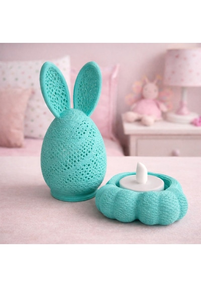 Tavşan Tealight Mumluk Dekoratif Tavşan Obje Renkli Tavşanlar Mum Hediyeli Paskalya Figür Mavi
