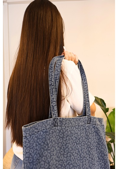 İcone Bag Desenli Yıkamalı Denim Kadın Çantası, Geniş Hacimli, Desenli El Ve Omuz Bez Çanta Shopper Kot Lacivert