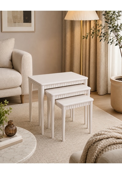 Ganni Home Lodos 3 Lü Zigon Sehpa Seti Krem Krem Gürgen İskeletli, Dekoratif Çıtalı Modern Ve Ferah Tasarım