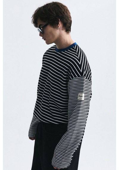 Vamos Kontrast Yaka Çizgili Sweatshirt Ekru-siyah