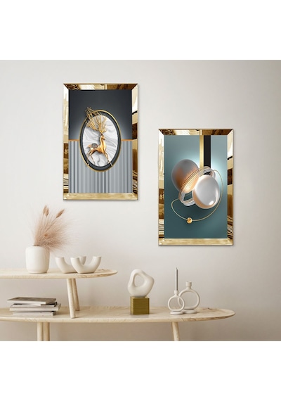 Gold Aynalı Pleksi Çerçeveli Renkli Arka Planlı Modern Geğik İkili Mdf Tablo Seti