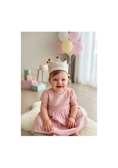 Doğum Günü Tacı - Kız Bebek Doğum Günü Şapkası - Rose Gold Ponpon Parti Tacı +0