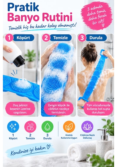 Silikon Banyo Sırt Kesesi 70cm Çift Taraflı Masaj Dokulu Uzun Saplı Vücut Temizleme Fırçası Ve Masaj