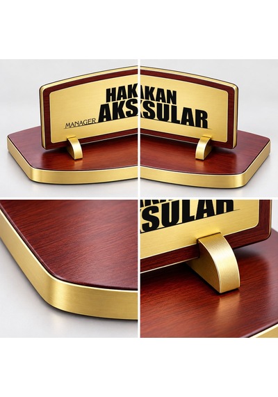 Bk Gift Kişiye Özel Ahşap Masa İsimliği Gold Plakalı Bk27 -5 Çok Renkli