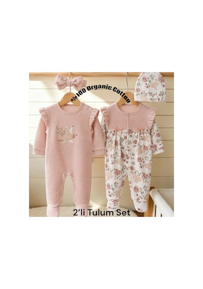 Altıntaş Baby %100 Organik Pamuklu Pudra Garden Flowers Kız Bebek 2'li Tulum Takım Seti Garden Pembe Garden Pembe