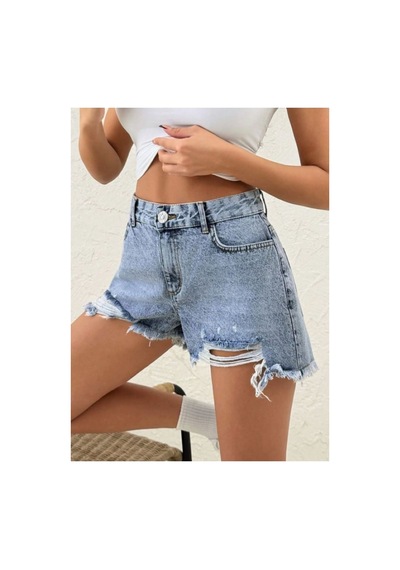 Kene Jeans İşlemli Taş Yıkama Paça Yırtık Detaylı Kısa/mini Kot Şort Taş Yıkama