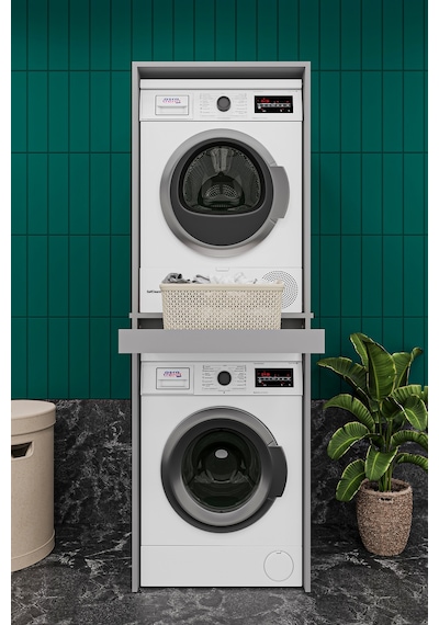 Asra Trend Çamaşır ve Kurutma Makinesi Dolabı BD05 %100 MDF Çekmeceli Raf Koyu & Gri