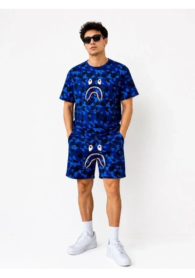 Efnaz Style Erkek Oversize Kalıp Pubg Bape X Shark Nakışlı Cepli Şort Takım - Mavi