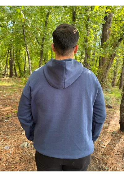 Erkek 3 İplik Basic Oversize Kanguru Cepli Kapüşonlu Sweatshirt Lacivert