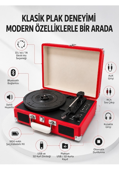 Şarj Edilebilir Taşınabilir Pikap 1800 Mah Dahili Pil Bluetooth Ve Çoklu Bağlantı Seçenekli - Lisinya