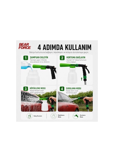 Robeve Bear Force 1000 Ml Bahçe Hortumuna Takılan Köpük Tabancası Oto Yıkama Köpük Aparatı Köpükleme Ve Durulama Modlu 1/2 Standart Hortum Uyumlu Araç, Motosiklet, Bisiklet Ve Bahçe Temizliği