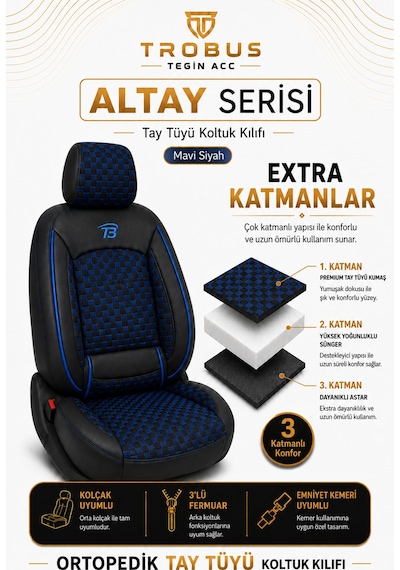 Peugeot 305 1977 1989 Uyumlu Altay Bel Destekli Tay Tüyü Oto Koltuk Kılıfı Siyah Mavi