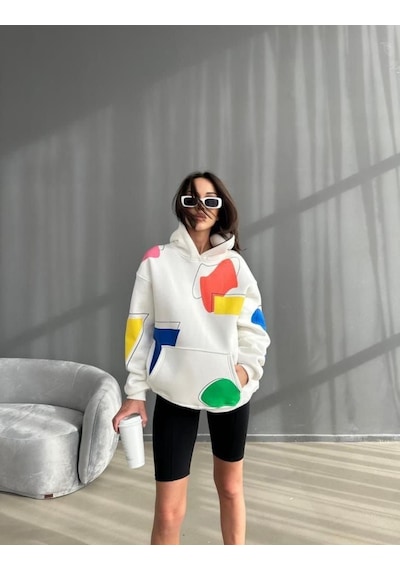 Baskılı Kapüşonlu Çiftler İçin Sweat - Beyaz Renk-390 Beyaz