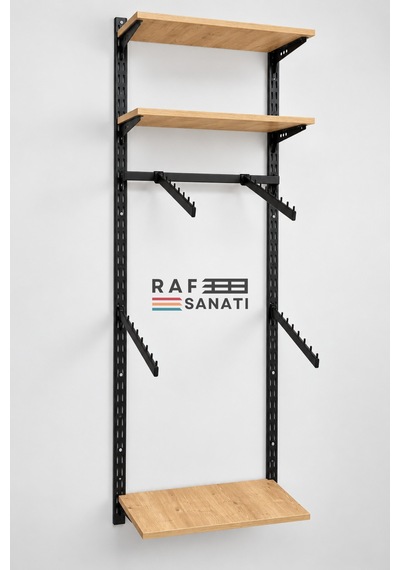 60 Cm 3 Raflı Hazır Mağaza Seti Konik Dikmeli Eğik Askılı Duvar Raf Sistemi Safir Meşe