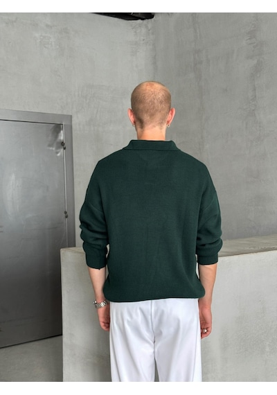 Erkek Polo Yaka Örme Oversize Kazak Koyu Yeşil