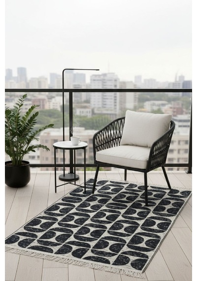 Siyah Modern Geometrik Desenli Kilim Makinede Yıkanabilir Renkli
