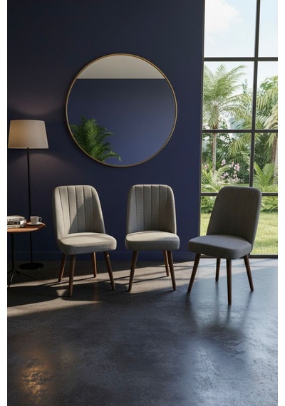 Nora 3 Adet Sandalye - Keten Kumaşlı Sandalye Modern Ahşap Ayaklı Yemek & Çalışma Sandalyesi Minimal Tasarım Gri