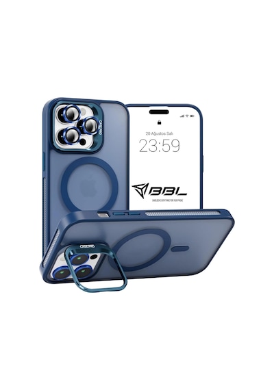 iPhone Uyumlu 13 Promax Kamera Korumalı Stantlı Magsafe Destekli Lens Koruyucu Telefon Kılıf Lacivert