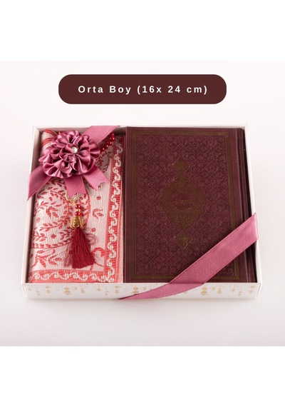 Kuran + Seccade + Tesbih Hediye Seti Orta Boy, Termo Deri, Desenli Kutu, Bordo