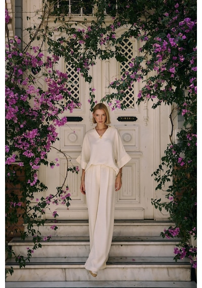 Sateen Keten Karışımlı Pantolon - Taş-136276 Taş