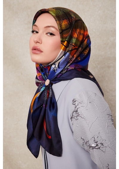 Levidor Karmaşık Desen Twill İpek Eşarp-0915 Lacivert