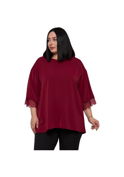 Disentis Modest Büyük Beden Dantel Detaylı Yarım Kol Bordo Bluz Bordo