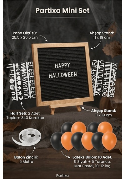 Cadılar Bayramı Halloween Süsleme Mini Set Siyah Keçe Yazı Panosu Standlı Balon Zincirli Tüm Yaşlar
