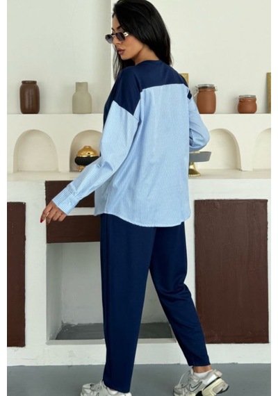 Ded Collectıon Kadın Çizgili Uzun Kollu Gömlek Detaylı Yuvarlak Yaka Sweatshirt Modal Takım Lacivert Ded Collectıon Kadın Çizgili Uzun Kollu Gömlek Detaylı Yuvarlak Yaka Sweatshirt Modal Takım Lacivert
