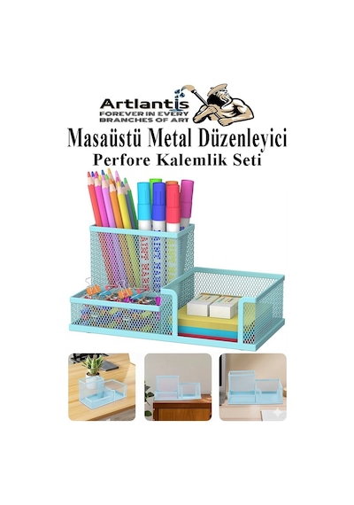 Masaüstü Metal Kalemlik Seti 3 Lü Kombo 1 Paket Fileli Perfore Pastel Renkli Kalemlik Kağıtlık Küpnotluk Düzenleyici Açık Mavi
