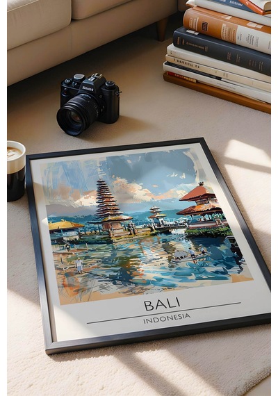 Endonezya Bali Temalı Çerçeveli Tablo Travel Serisi Modern İllüstrasyon Egzotik Duvar Dekoru Siyah