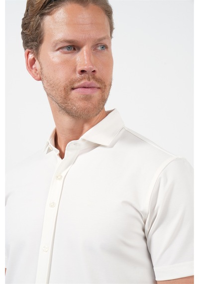 İmza Beyaz İtalyan Yaka Kısa Kol Cepsiz Slim Fit Esnek Gömlek 1004260159