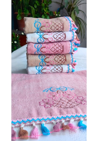 Çeyizlik Kanaviçe Çiçek Desenli Püsküllü Bukle Lüks Mutfak Havlu Seti 30x50 6'lı Set Renkli