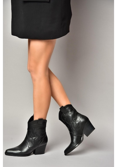 Fox Shoes T296112009 Siyah Kalın Topuklu Kadın Bot Siyah-Suni Deri Siyah