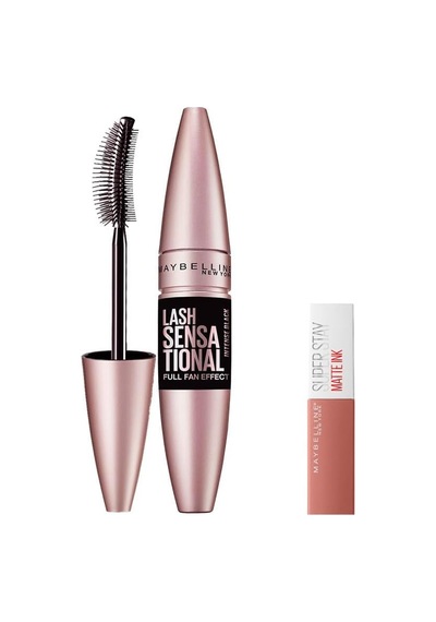 Maybelline New York Lash Sensational Yelpaze Etkili Intense Black Maskara - Ekstra Siyah 9.5 Ml & Mini Super Stay Matte Ink Likit Mat Ruj 65 Seductress Makyaj Seti 0