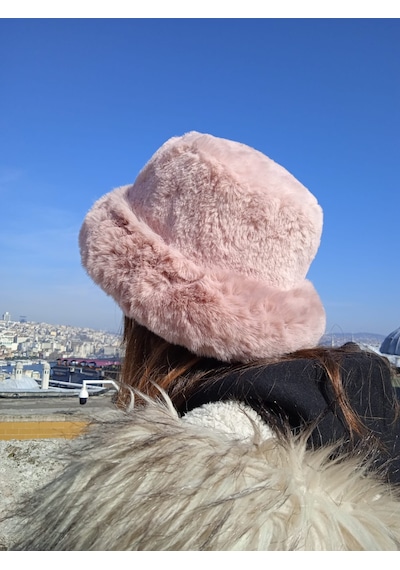 Shopiolog Pofidik Peluş Şapka Kışlık Suni Kürk Kalpak Kabarık Kova Şapka Gül Kurusu