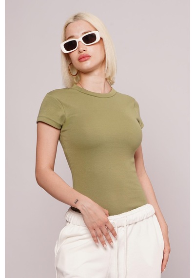 Açık Yeşil Bisiklet Yaka Basic Kadın T-shirt Mg2479 Yeşil