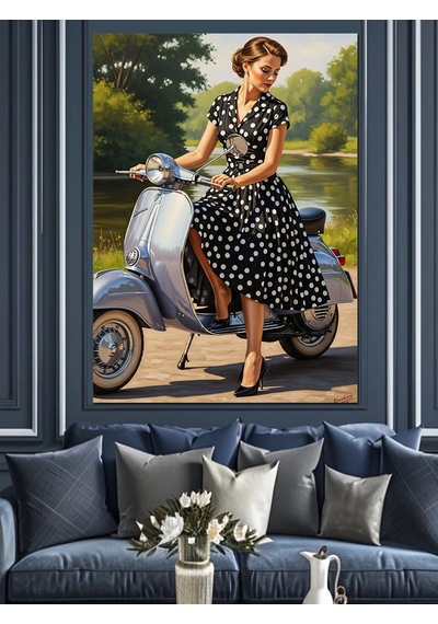 Ahşap Tablo Scooter Süren Siyah Beyaz Puantiye Elbiseli Vintage Kadın