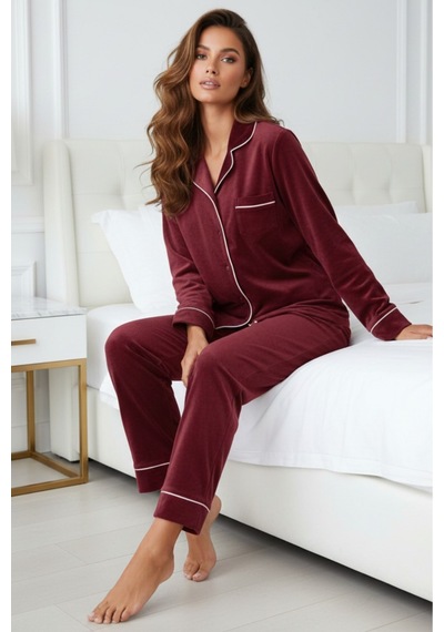 Kadın Kadife Boydan Düğmeli Şerit Detaylı 2'li Pijama Takım Bordo