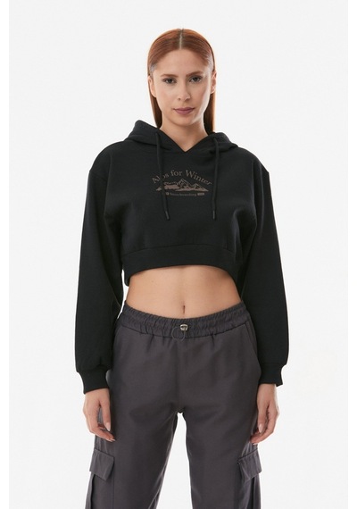Fullamoda Baskılı Kapüşonlu Crop Sweatshirt- Siyah 24KGB890195453-Siyah