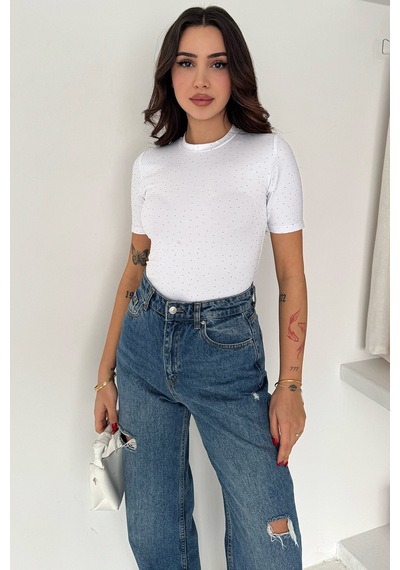 Noa & Noa Kadın Taş Detaylı Kısa Kollu T-shirt Beige Spark Beyaz
