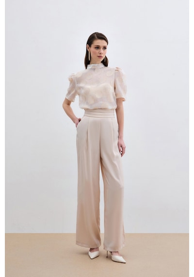 Sateen Organze Kısa Kol Bluz - Bej-135998 Bej