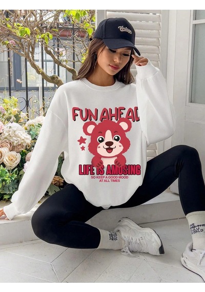 Adrift Qutie Slogan & Cartoon Graphic Drop Shoulder Sweatshirt Beyaz Beyaz