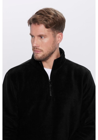 Tudors Unisex Standart Fit Rahat Kesim Tüylenme Yapmayan Soğuk Geçirmez Siyah Dik Yaka Polar Sweatshirt-30131 Siyah