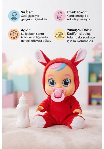 Kırmızı Kostümlü Ağlayan Ve Konuşan Et Bebek Emzikli Ve Biberonlu İnteraktif Oyuncak Bebek