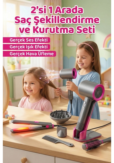 2'si 1 Arada Oyuncak Kuaför Seti - Işıklı Sesli Ve Hava Üfleyen Fön, Düzleştirici Ve Taraklar