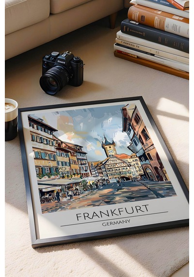 Almanya Frankfurt Temalı Çerçeveli Tablo Travel Serisi Modern İllüstrasyon Duvar Dekoru Siyah
