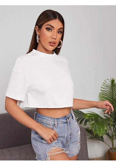 Flood Of Style Kadın Beyaz Bisiklet Yaka Oversize Crop T-shirt